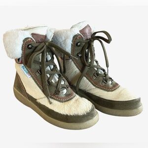 PAJAR Women's Size 38/7.5-8 Olive Suede Cream Fur Lace-Up Shearling Lined Boots